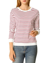Womens Long Sleeve Contrast Color Striped Pullover T Shirt