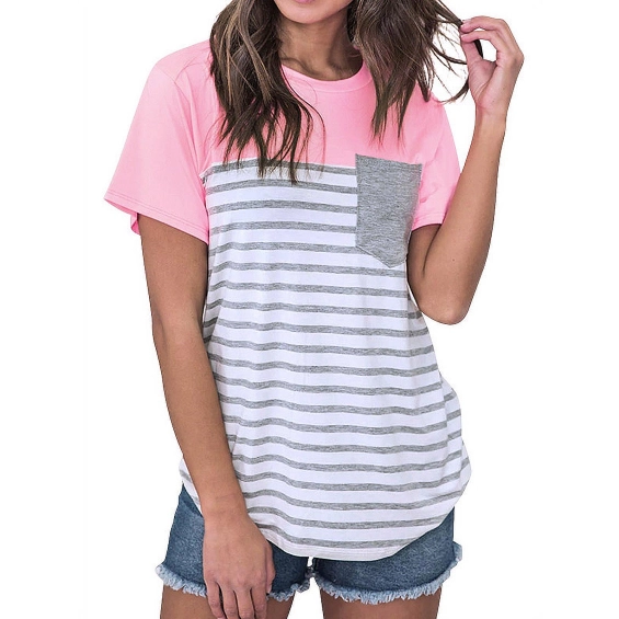 Women Short Sleeve Pocket Front Stripe Print Colorblock T Shirt